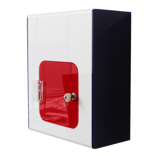 Red, white and blue suggestion box with door